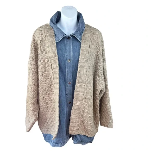 BIBI NWT SZ LGE Denim Trucker Cardigan Sweater Combo Tan Knit Oversized Layering - Picture 4 of 16